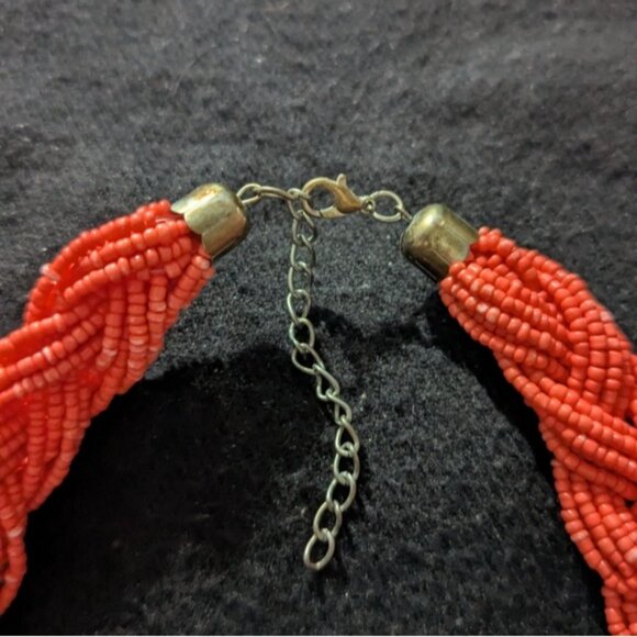 Silver Tone Orange Coral Braided Beaded Statement Necklace - Picture 5 of 6